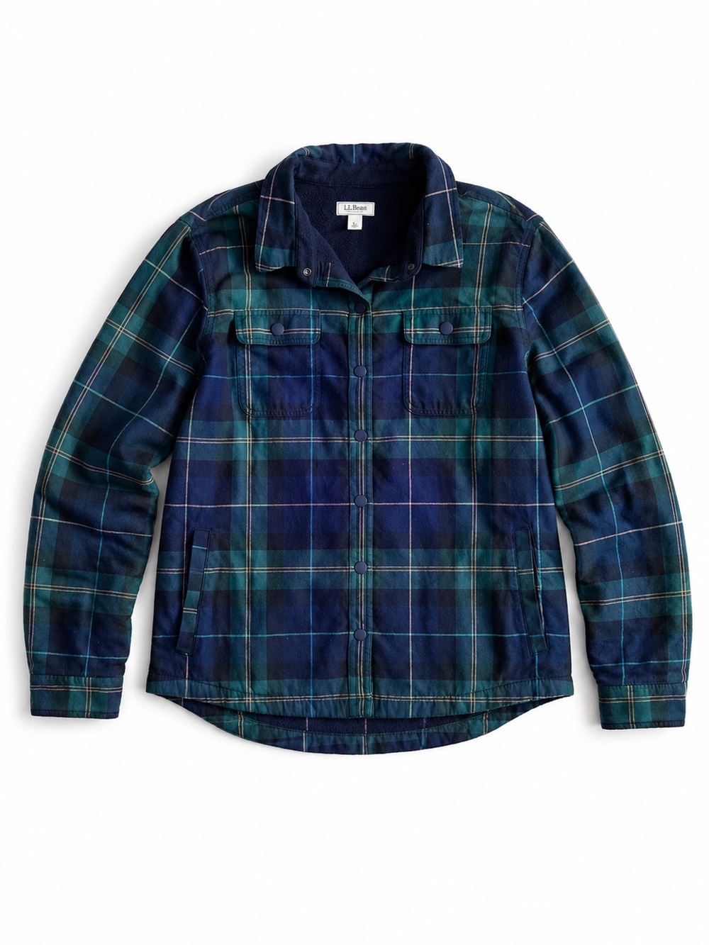 L.L. Bean Fleece Lined Plaid Shirt Jacket Green Navy Snap Front Shacket Large